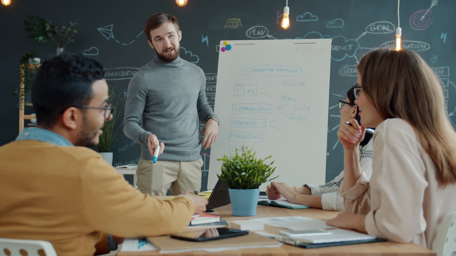 A team planning a project on a whiteboard flip chart in a meeting room